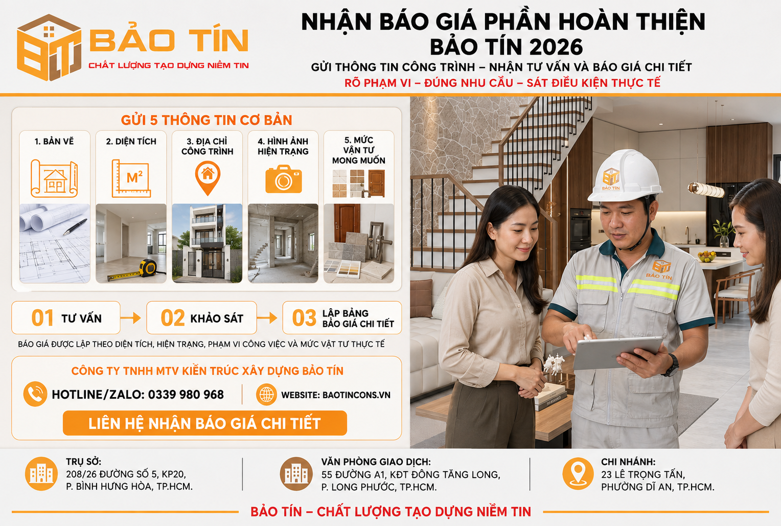 Liên hệ nhận báo giá xây nhà phần hoàn thiện Bảo Tín
