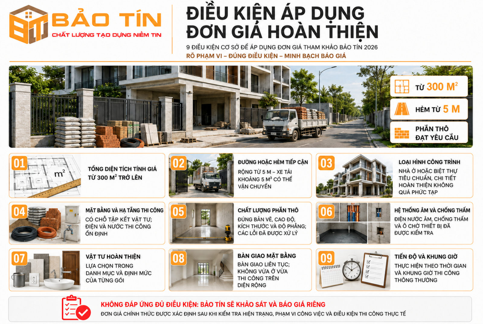Điều kiện áp dụng đơn giá hoàn thiện Bảo Tín 2026
