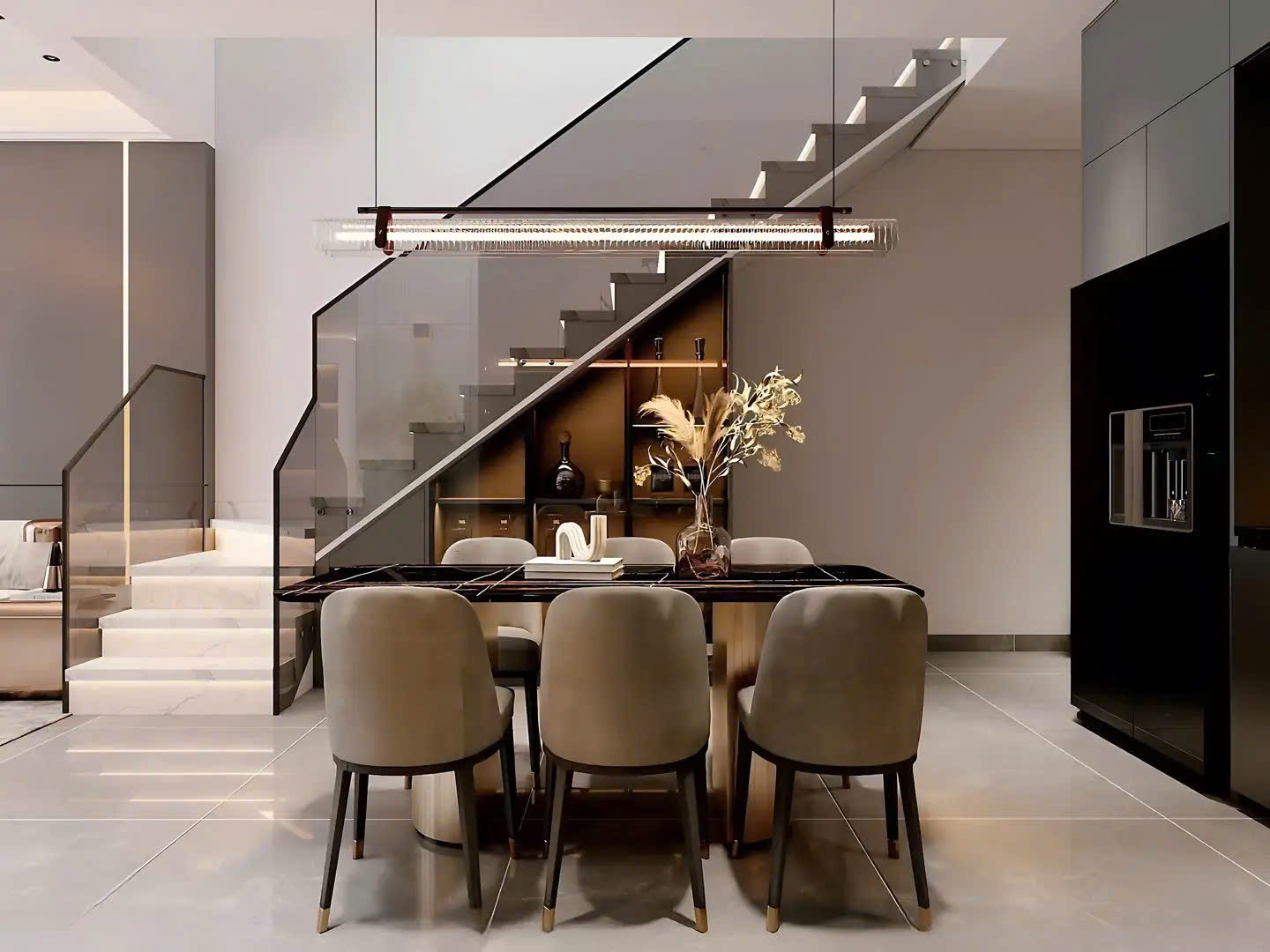 Bàn ăn trung tâm hiện đại kết nối không gian sinh hoạt