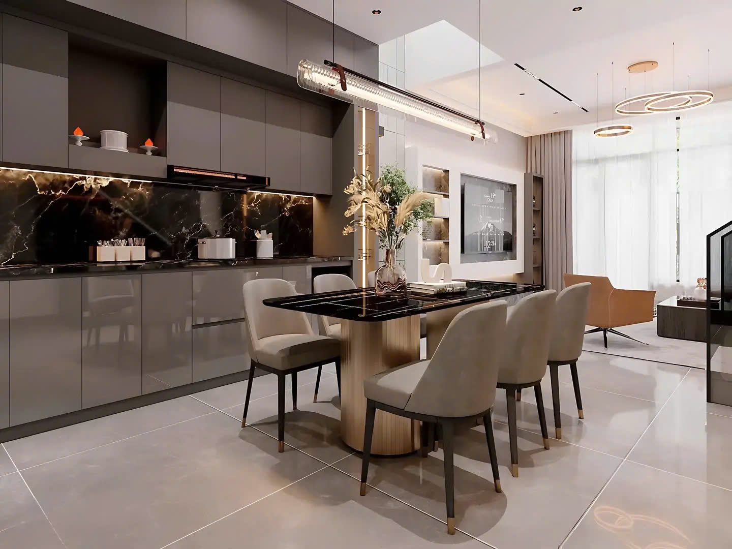 Không gian mở kết nối với khu bếp