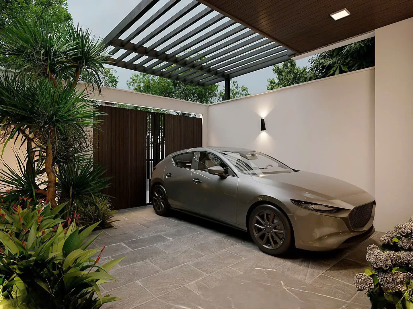 Sân trước - Mái lam kết hợp cây xanh