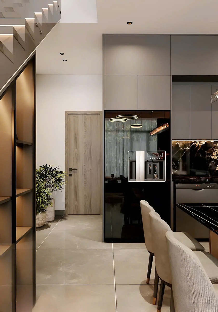 Sự kết hợp giữa ánh sáng, vật liệu và bố cục giúp khu vực bếp trở thành trái tim của ngôi nhà.